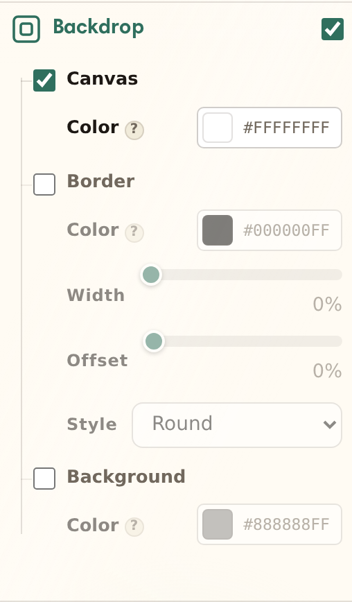 The studio’s Backdrop section with Canvas, Border and Background rows