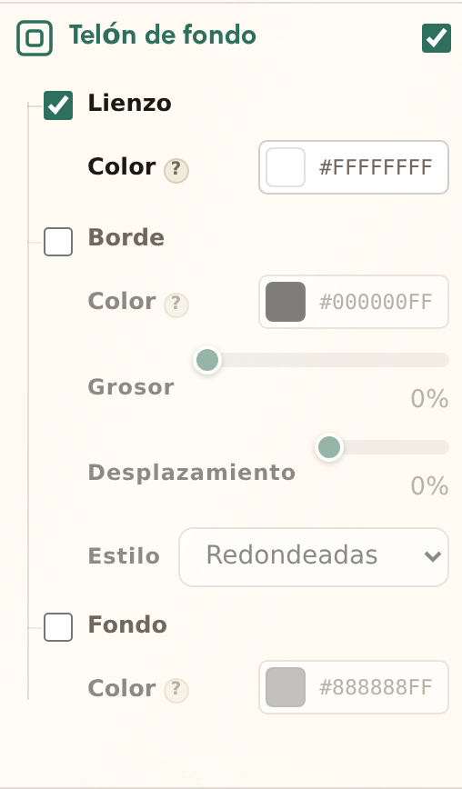 La sección Telón de fondo del estudio con las filas Lienzo, Borde y Fondo