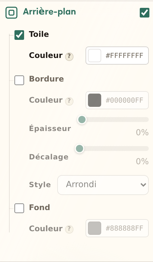 La section Arrière-plan du studio, avec les lignes Toile, Bordure et Fond