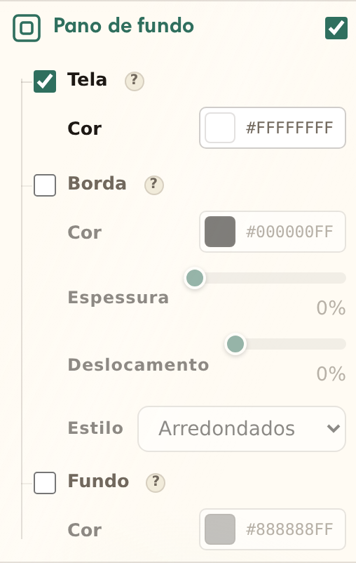 A seção Pano de fundo do estúdio com as linhas Tela, Borda e Fundo