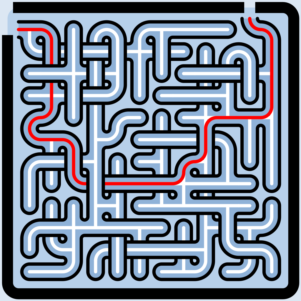 The same maze rendered twice, once at a small cell size and once at a large one
