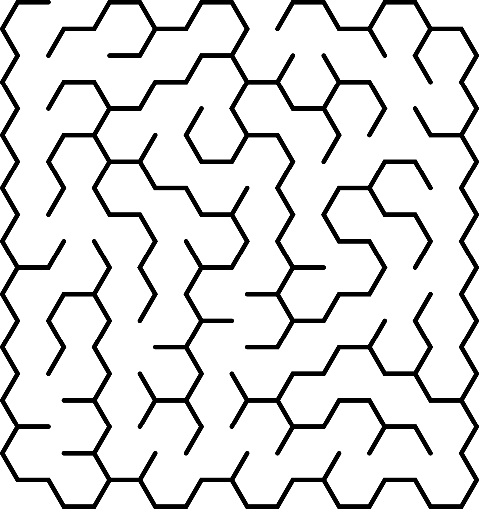 A flat-top hex-grid maze: a honeycomb of hexagons resting on flat edges