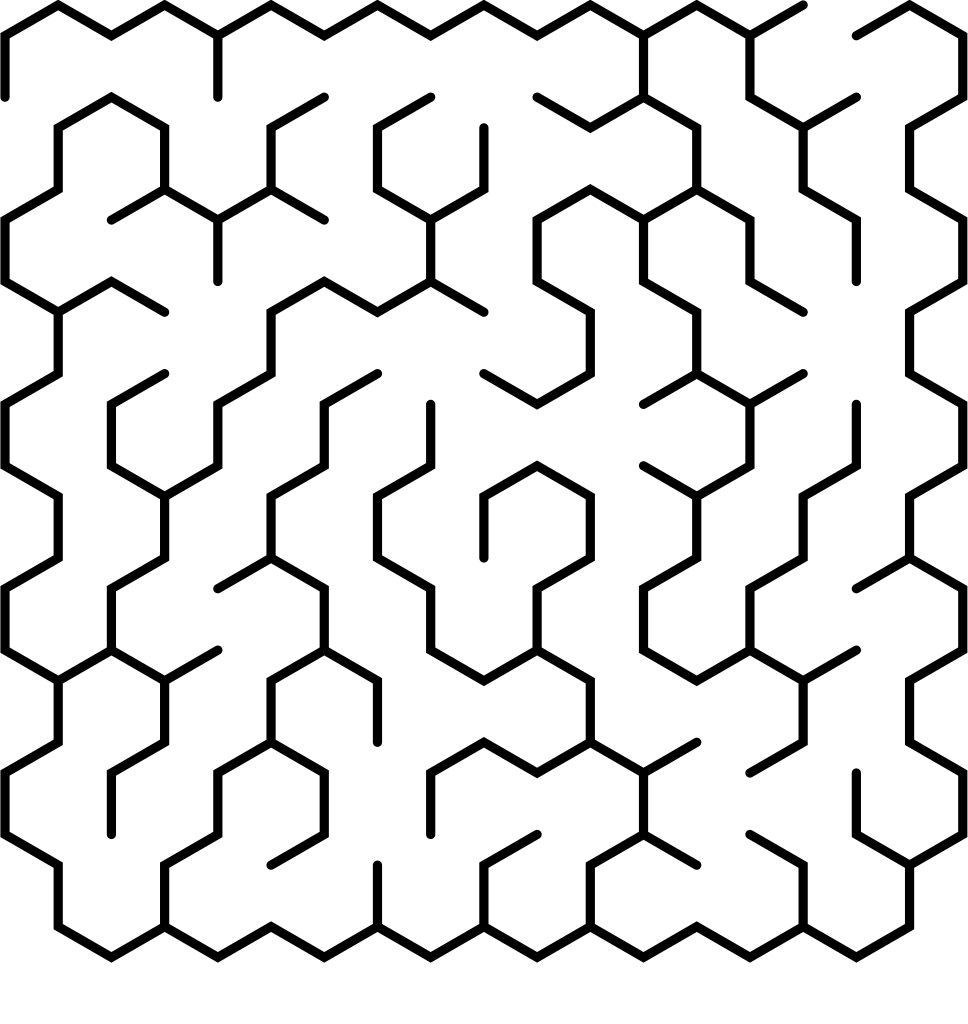 A hex-grid maze: corridors branching through a honeycomb of pointy-top hexagons